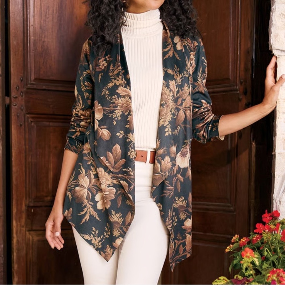 Soft Surroundings Shape Drape Faux Suede Jacket Floral Multi Med NWT Fall Office
